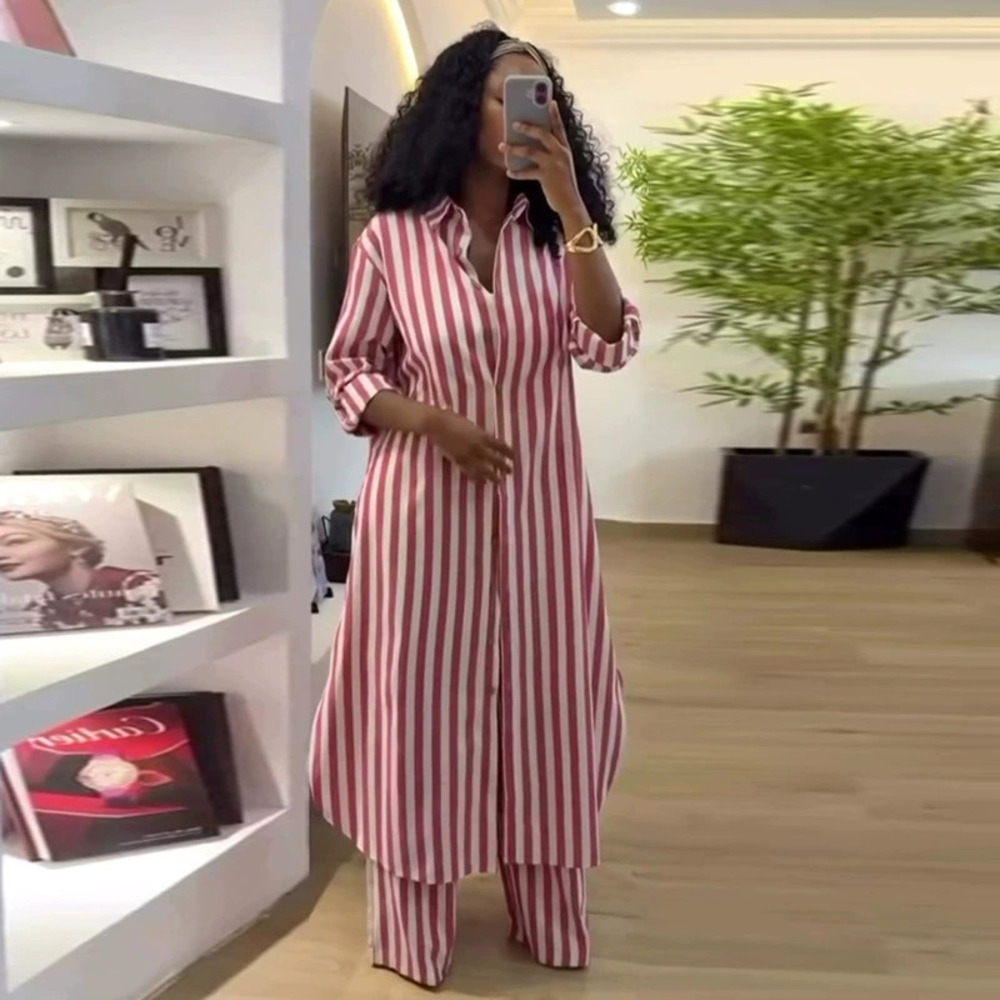ZARA Striped Lapel Long Cardigan Shirt Women African Loose Pants Set